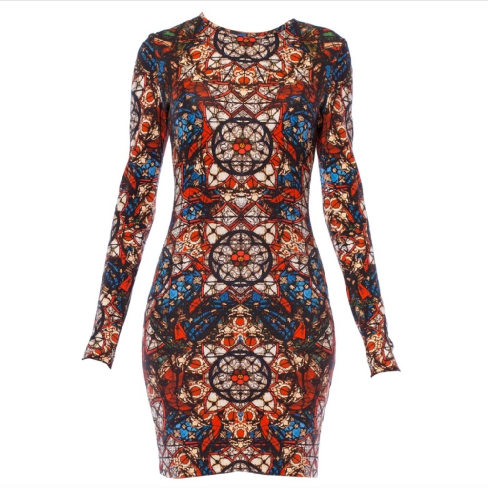 Alexander McQueen Rayon Blend Jersey Kaleidoscope Cathedral Stained Glass Dress